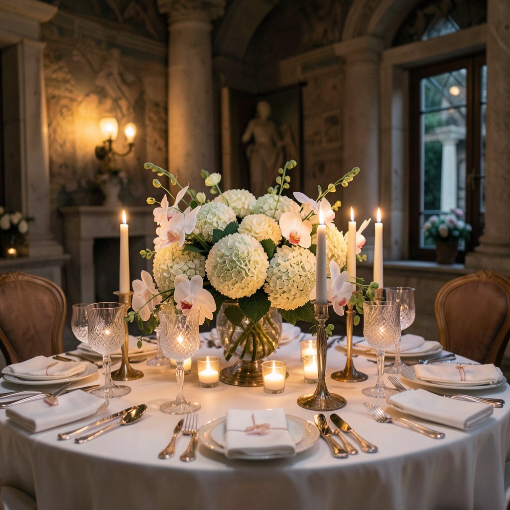 Luxury wedding table setting in a historic Roman villa, elaborate floral centerpiece with hydrangeas and orchids, crystal glasses, candlelight, romantic atmosphere