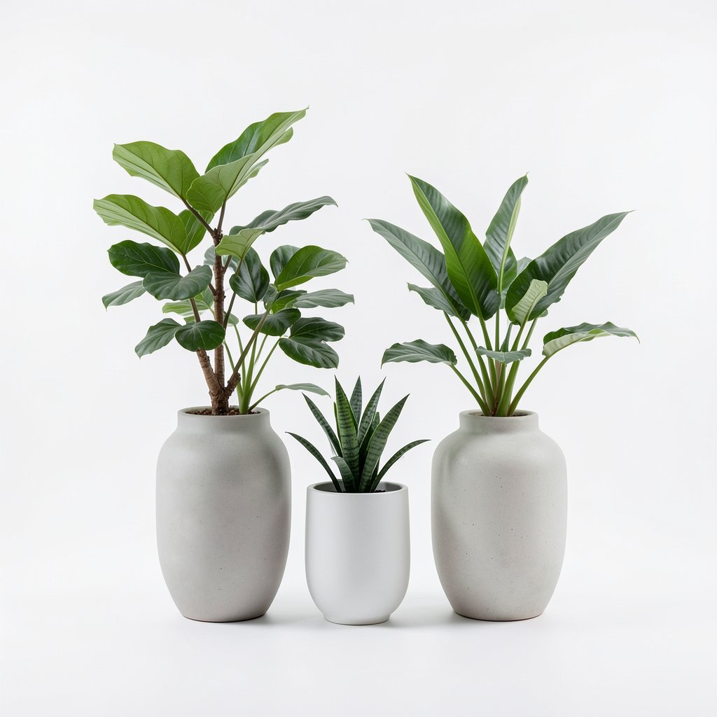 Selection of rare indoor plants and designer vases, minimalist luxury interior decor, clean aesthetic, studio lighting, clean white background, high quality photography