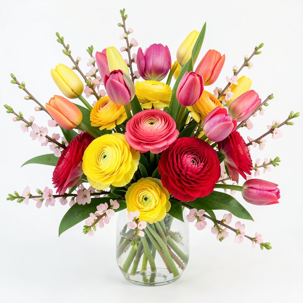 Spring floral arrangement with tulips, ranunculus, and flowering branches, vibrant colors, fresh rebirth theme, studio lighting, clean white background, high quality photography