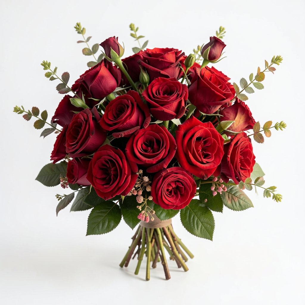 Romantic floral arrangement with ancient red roses and warm sunset tones, elegant bouquet, studio lighting, clean white background, high quality photography