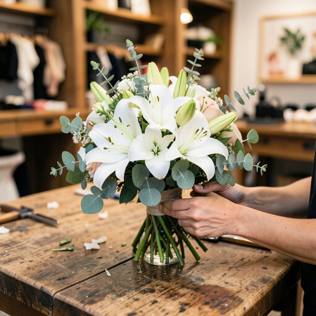 Mani di fiorista che creano un bouquet artigianale